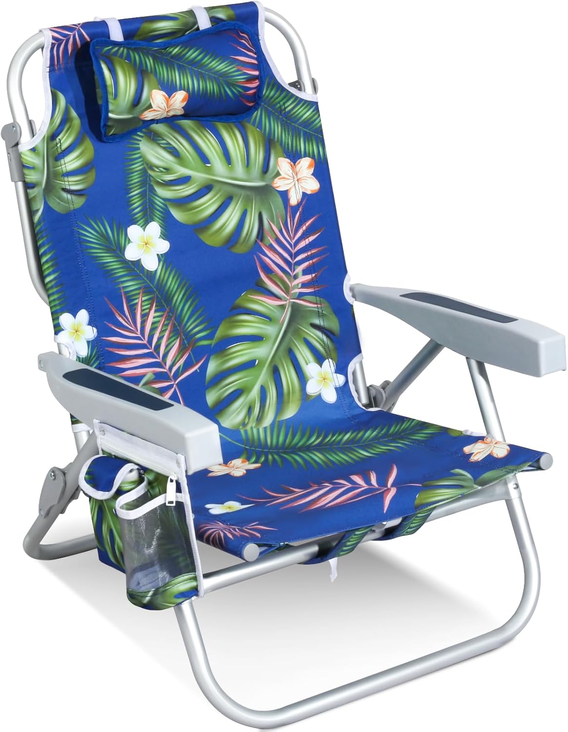 Low Beach Chair for Adults – 5-Position Reclining Backpack Beach Chair with Large Insulated Cooler \u0026 Storage Pocket, Aluminum Frame, Portable for Travel \u0026 Outdoor, Supports 300lbs, Tropical Palm